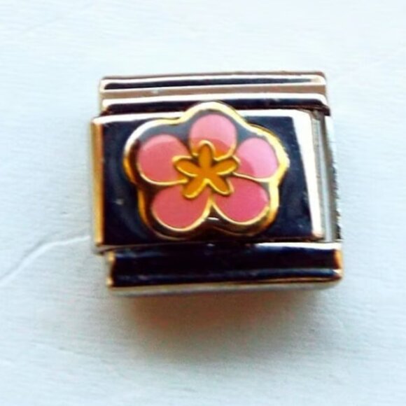 Pink flower enamel 9mm stainless steel Italian charm bracelet link new - Picture 1 of 2